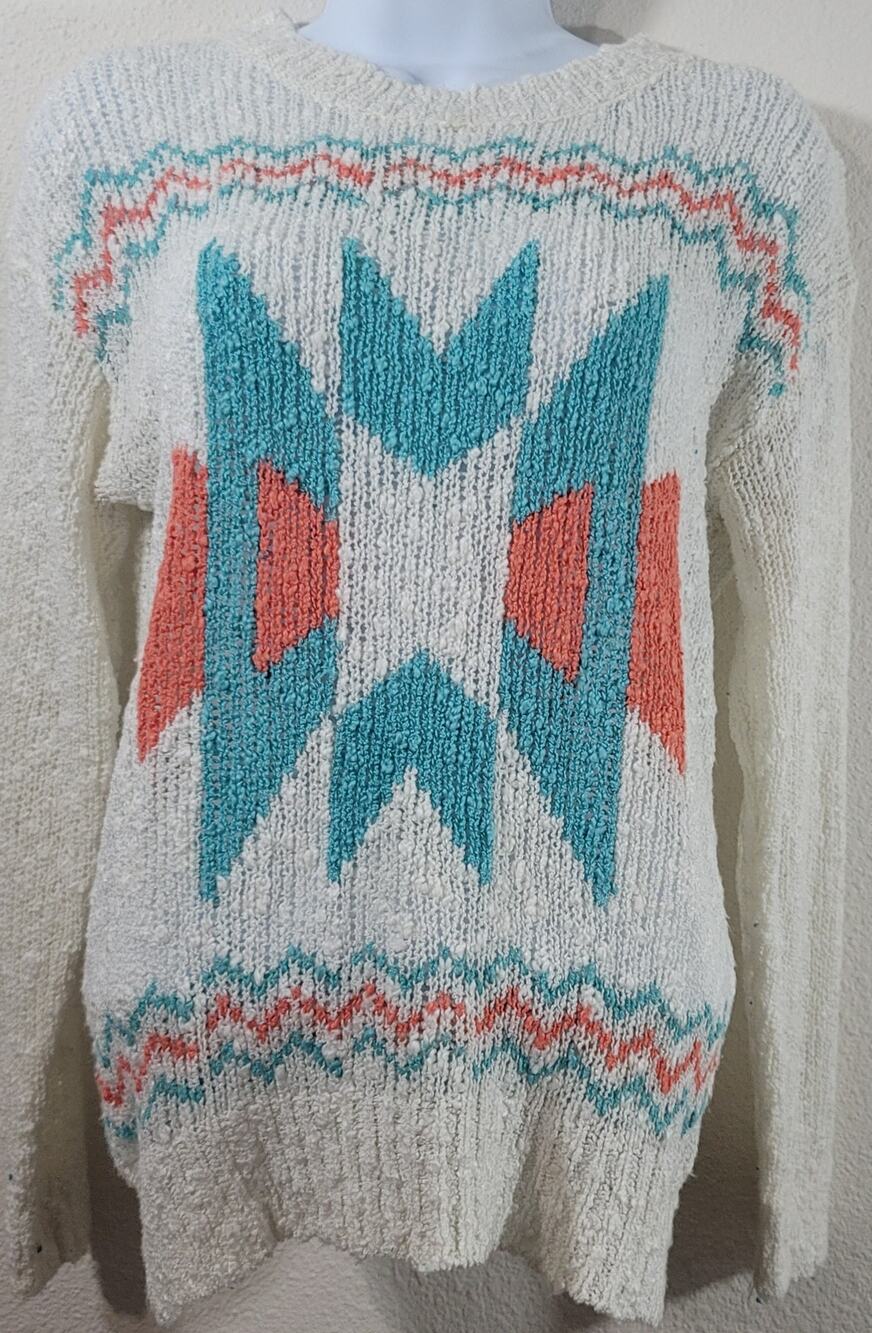 Ellison Ellison White Teal Orange Popcorn Knit Aztec Sweater Top Large Soft